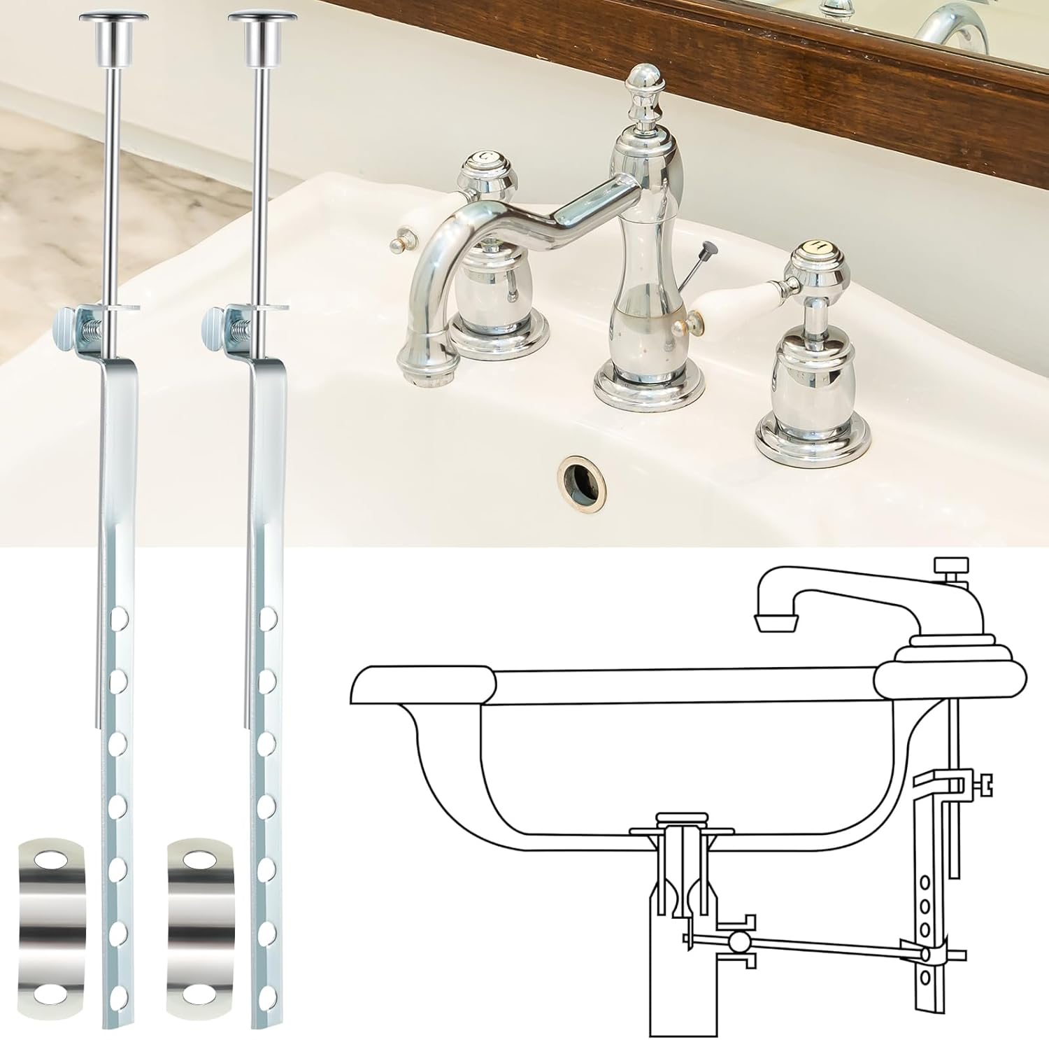 Enhon 2 Pack Universal Lavatory Pop Up Drain Lift Rod, Linkage, and Spring Clip Kit, Compatible with PF0906-CH, Bathroom Sink Stopper Pull Pivot Rod Assembly, Chrome