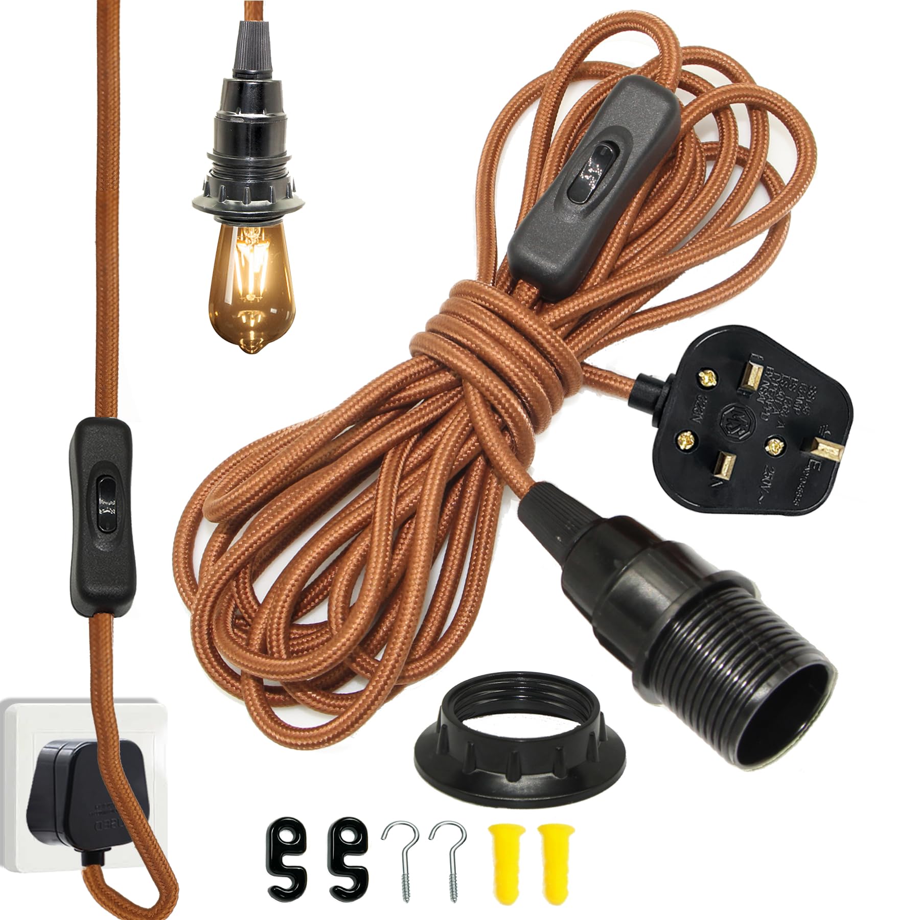 E14 Lamp Holder with Switch and Plug, 4.5m Nylon Extension Cable, Plug in Pendant Light, Vintage Plug in Ceiling Light Fixture, Loft Light Hanging Lamp, Replacement Light Fitting,Garage or Indoor Use