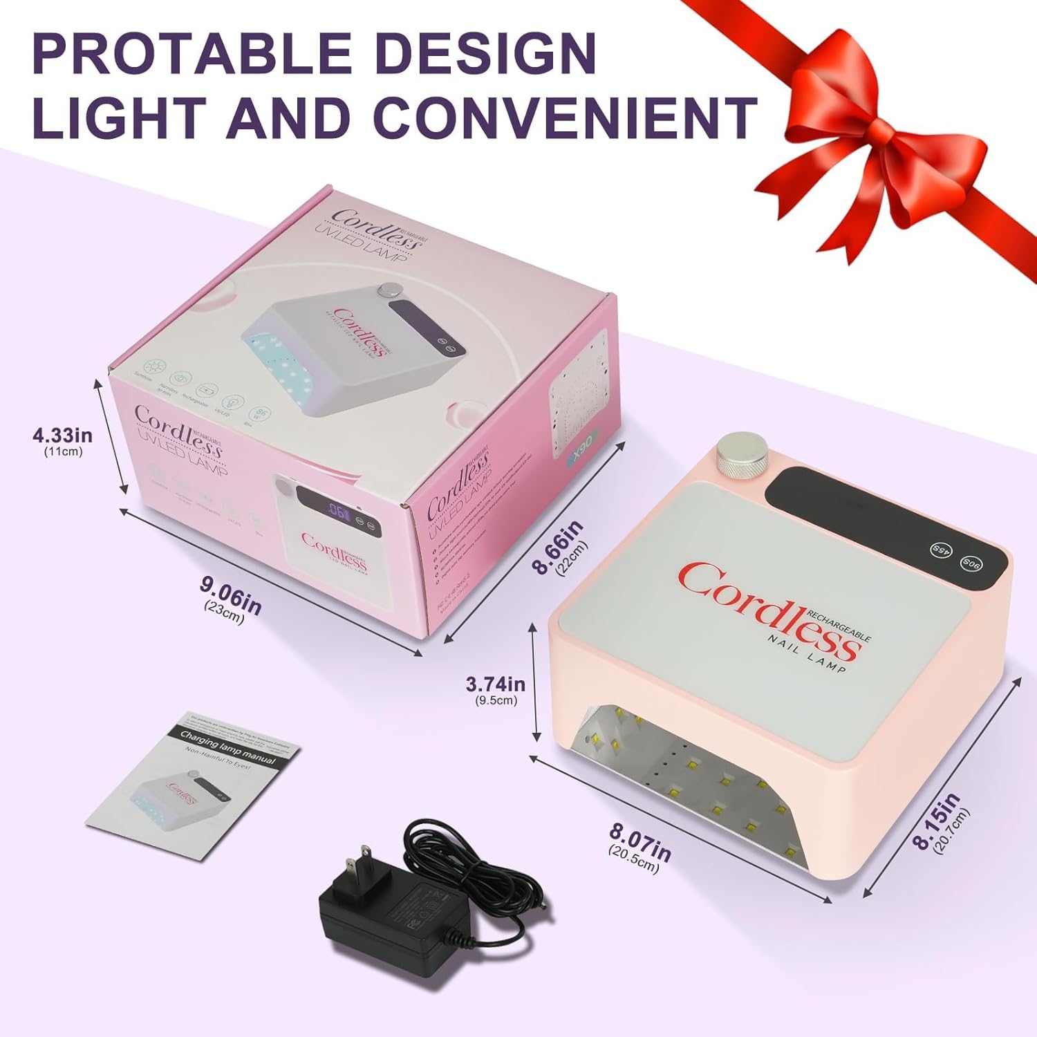 Rechargeable Cordless UV LED Nail Lamp, 86W UV Nail Light for Gel Polish & Acrylic Nails, Fast Curing Nail Light for Gel Nail, Metal Mirror Bottom, Auto Sensor, 39 LED Beads, Salon & Home Use (Pink)