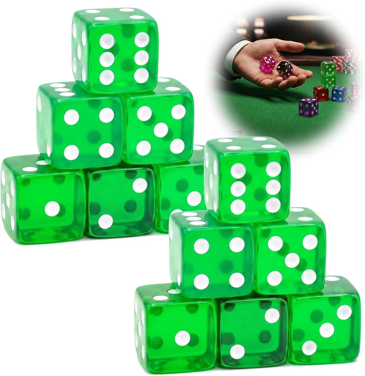12 Piece 19 mm Casino Style Dice Set, Acrylic Translucent D6 Dice with Square Rounded Edge,Green for Craps, Table Games, Board Games, RPG, MTG, DND(Green) image 3