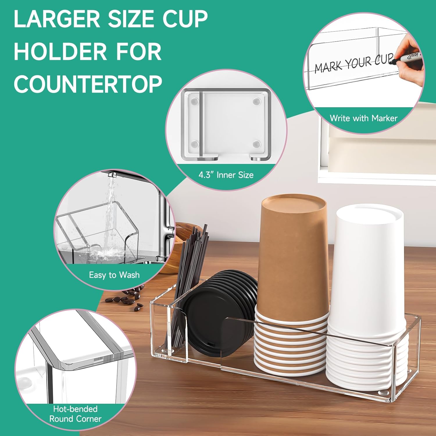 Coffee Bar Accessories and Organizer, Disposable Cup Holder for Countertop, 14.5 Inches Clear Acrylic Storage and Organization for Coffee Cup Lid Stirrer Pod, Farmhouse Table Décor