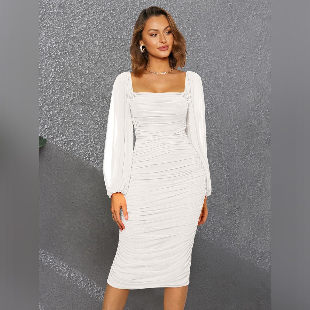 Odizli Damen Elegant Mesh Langarm Bodycon Midikleid Festliche Hochzeit Partykleid