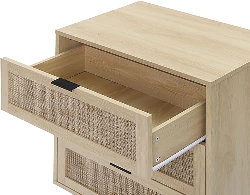 Miniatura 8 de Hayiodda Cómoda de ratán natural de 3 cajones, cómoda de 6 cajones, armario de almacenamiento pequeño bohemio con patas de madera maciza y asas de