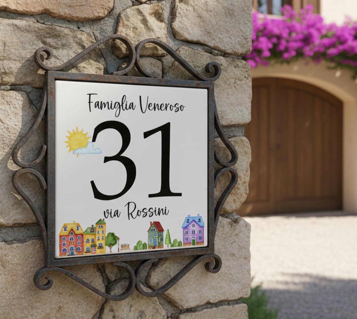 Numero Civico in Ceramica Personalizzabile, Targa Decorativa su Mattonella 11x11cm, Numeri Civici Esterno con Indirizzo e Nome Famiglia, Made in Italy, Stile Moderno
