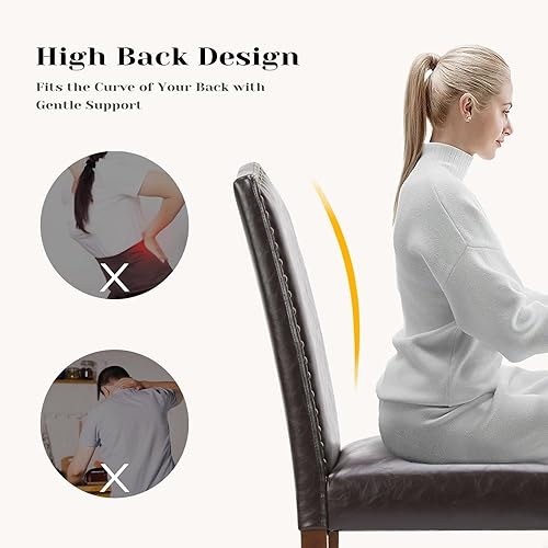 Miniatura 5 de DUMOS Juego de 4 sillas de comedor, sillas de comedor de piel sintética, sillas Parsons tapizadas con ribete de cabeza de clavo y patas de madera,