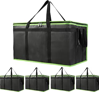 Bodaon 5-Pack Cooler Insulated Food Delivery Bag, Rideshare Delivery Bag, XXX-Large Thermal Bags for Catering/Hot Pizza, Travel/Camping/Picnic/Grocery Reusable Warmer Frozen, Black-Green Edge