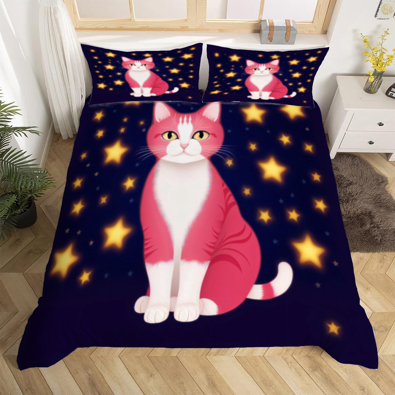 Housse de couette 220x240 chat et ciel étoilé avec 2 taies d'oreiller pour lit 2 personnes