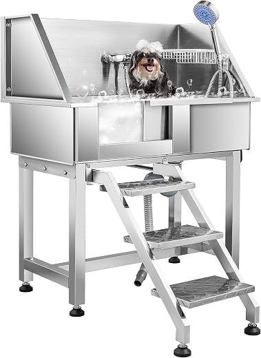 CO-Z 86 cm Stainless Steel Dog Bathtub, Professional Pet Grooming Tub, 80 kg Capacity, Shower Bath for Grooming with Ladders, Sliding Door Tap