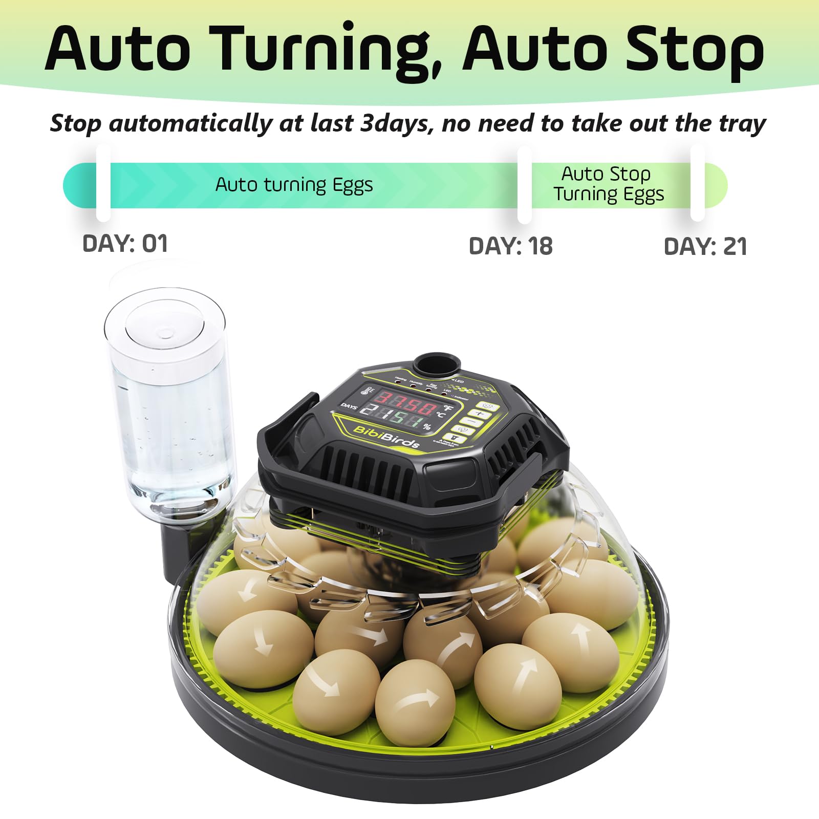 Incubadora de 18 huevos con contador automático de días de giro de huevos y atomizador para control automático de humedad, bloqueo de giro automático completo 3 días antes de incubar