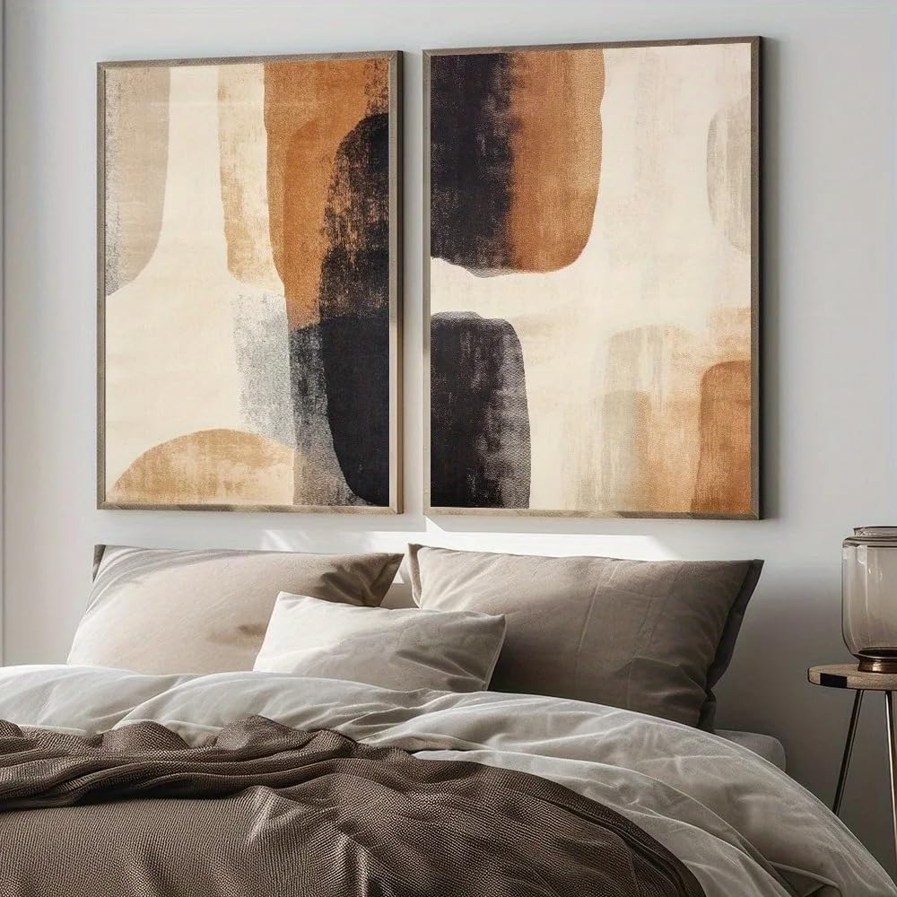 GOSRD Beige Brown Abstract Shape Canvas Painting Japanese Minimalist Living Room Decor(60x85cm-2Pcs)