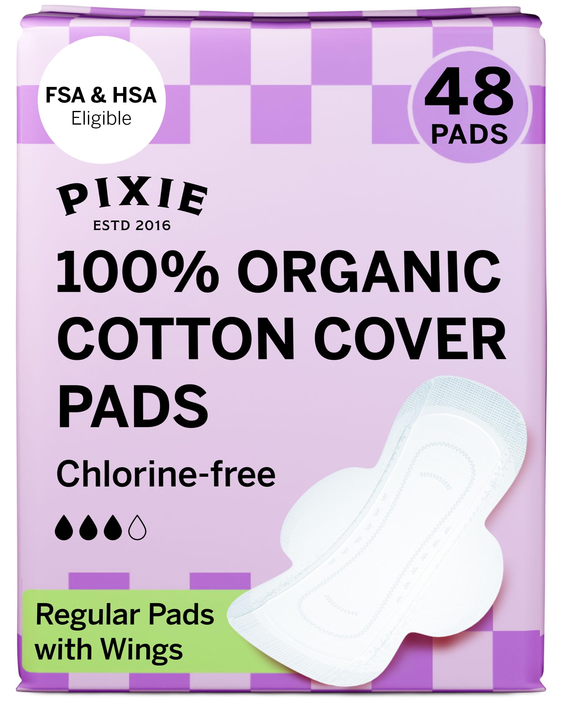 Pixie Organic Cotton Ultra Thin Pads with Wings for Women - Leak-Proof & Moisture-Wicking for Feminine Care - Compostable, Unscented Menstrual Pads - Regular Absorbency - FSA Eligible - 48 Count Regular Pad - 48 Count Ultra Thin