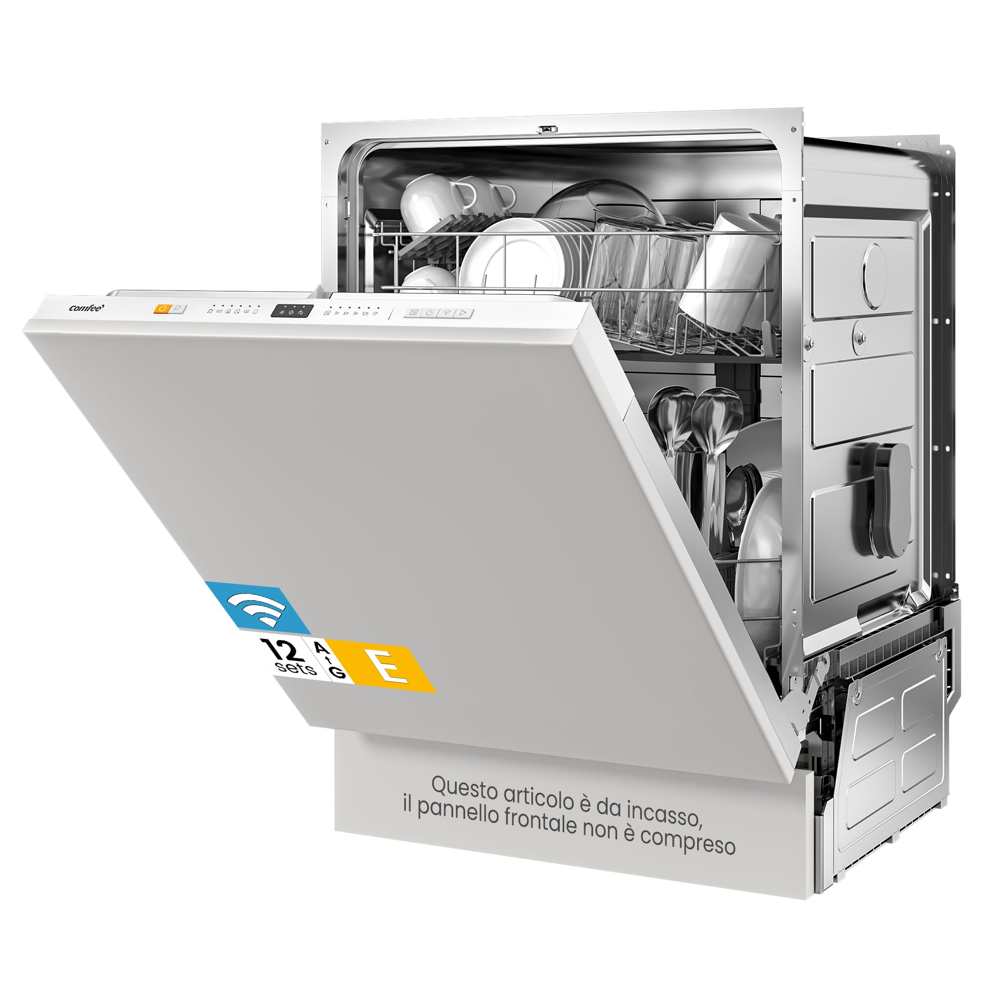 COMFEE' CDWPB1215P-W Lavastoviglie da Incasso con 12 coperti, 8 Programmi, di avviamento ritardato, Funzione di Mezzo Carico, Home Connect, cloud wash, Asciugatura Extra - Inox