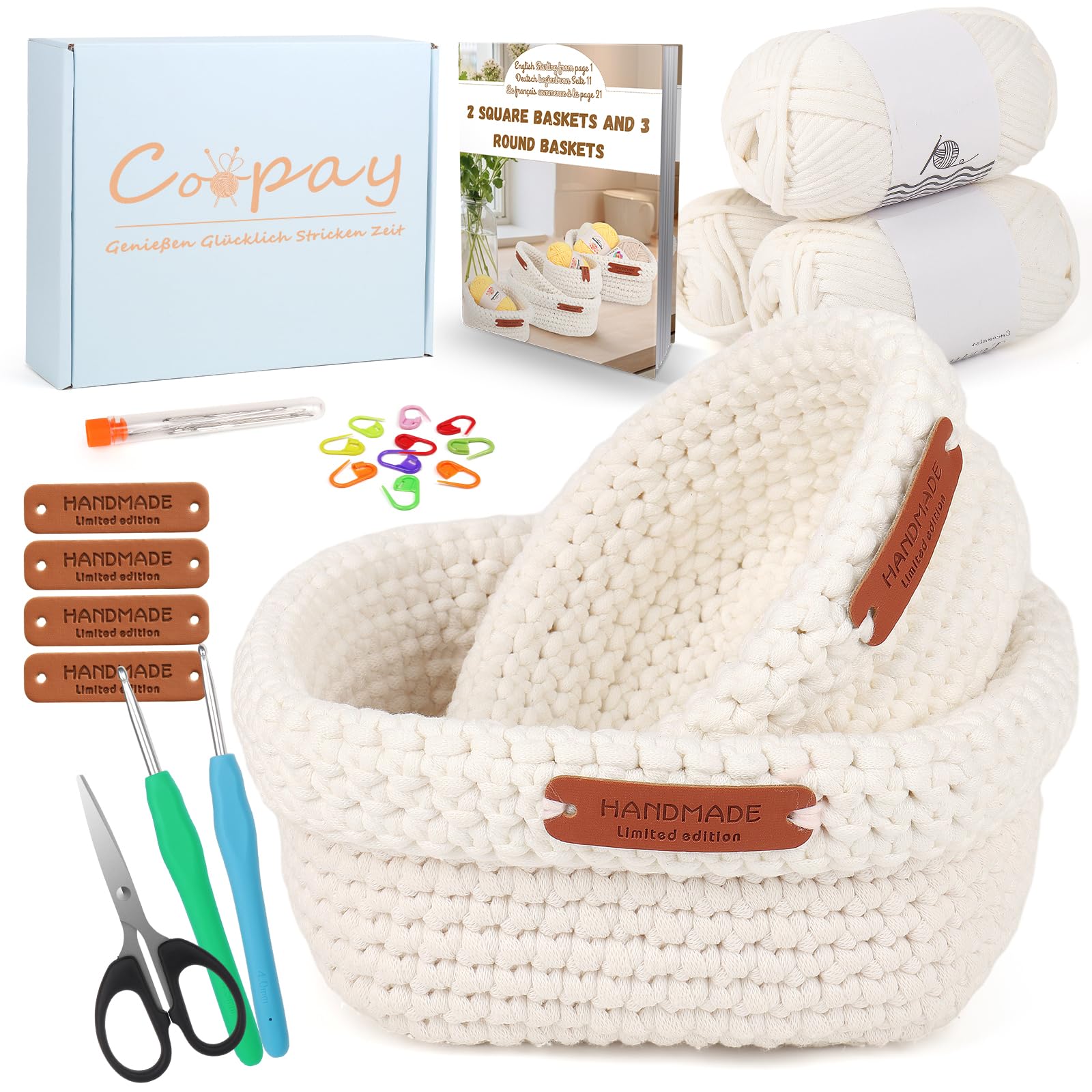 Coopay Häkelset für Anfänger, 2 Größen Square Körbe Häkelset mit Häkelnadel, Anleitung, 5mm Dicke Wolle zum Häkeln Korb Lernen, Kreative Geschenke für Töchter, Familie und Freunde - Weiß