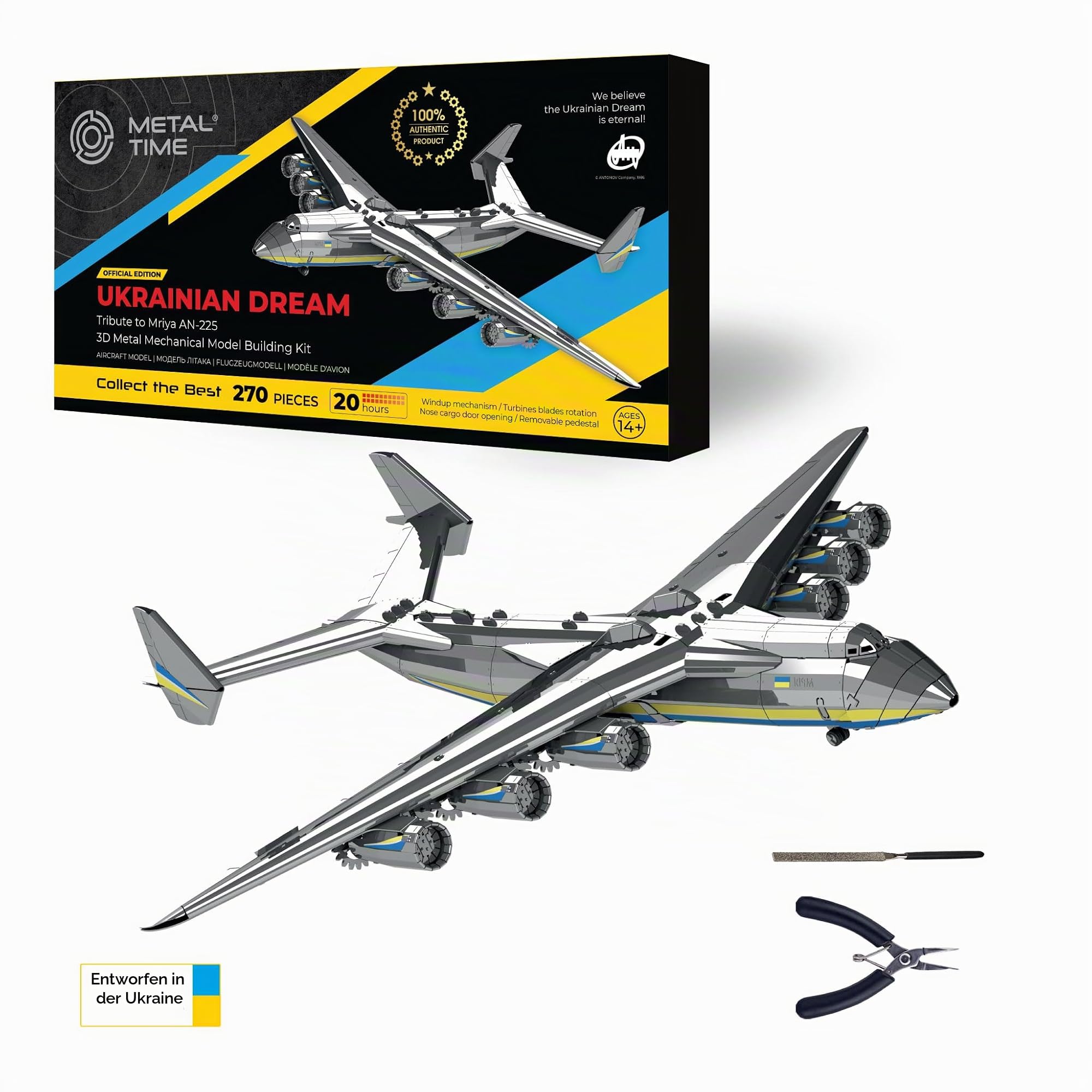 Antonov Mriya AN-225, offizieller DIY-Mechanischer Modellbausatz, Frachtflugzeug, 3D-Modellbausatz, Arbeitsmodell UKRAINIAN DREAM von Metal Time