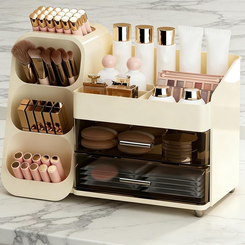 Covzoe Large Makeup Organizer with Brush Holder for Vanity | Spacious Cosmetics Display Case with Drawers, Skin Care Storage Solution for Lipstick Beauty Essential Bathroom Countertop