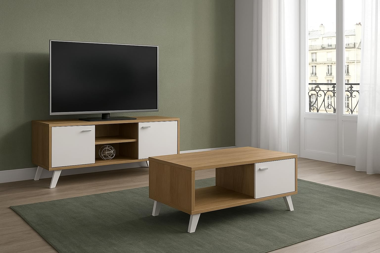 MOMMA HOME Lot de 2 meubles de salon : meuble TV et table basse finition chêne et blanc MDF, ensemble salle à manger