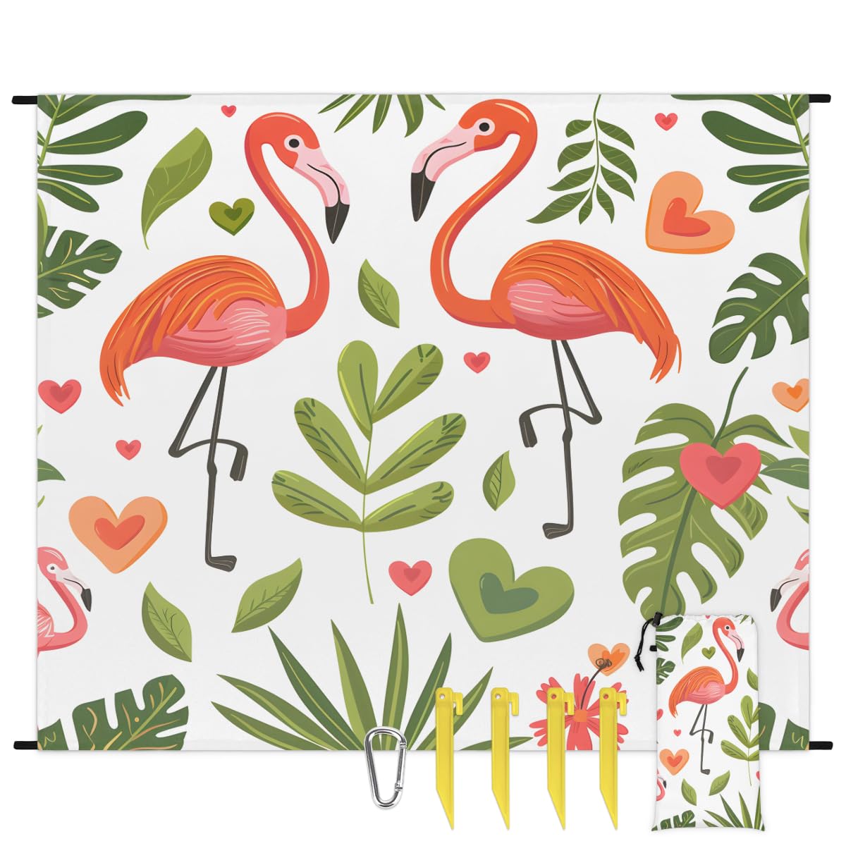 Eabrults Waterproof Sandproof Beach Blanket, 59''×68'' Animal Polyester Outdoor Picnic Blanket with 4 Stakes & Storage Bag for Beach,Camping,Vacation Flamingo