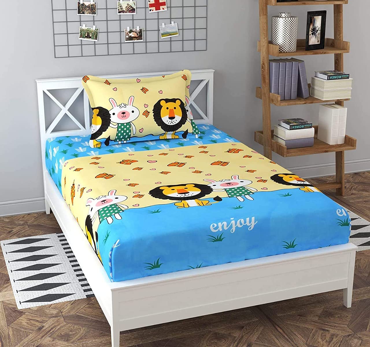 Home Solution bedsheet for Single Bed, Single bedsheet for Kids Room, bedsheet for Single Bed with 1 Pillow Cover (150 x 230 cm) (Tigr-Multi)