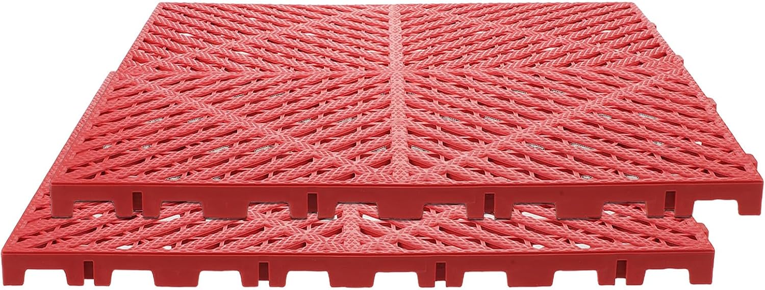 2pcs Red Interlocking Garage Drainage Floor Grates Tiles for Workshop and Car Wash Area, Plastic Anti-Slip Drain Floor Mats Suitable for Outdoor Garage and 4s Shop Use