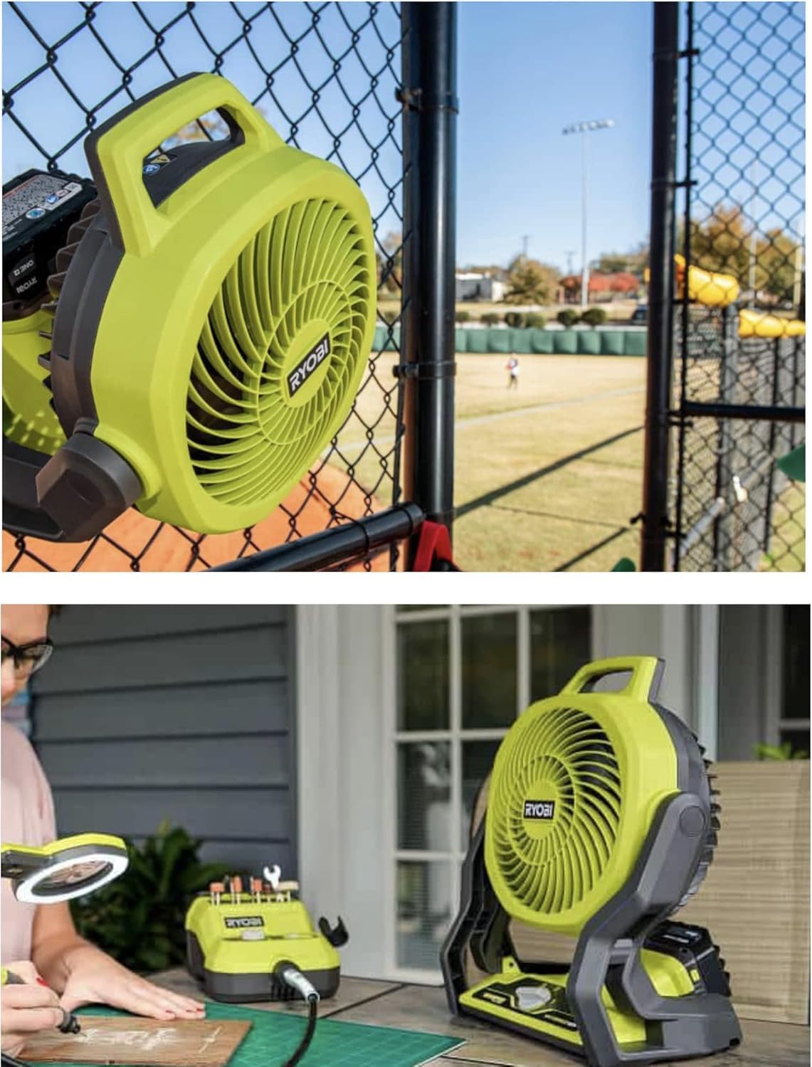 Ryobi Portable Fan Bundle with Ryobi 18V Cordless Hybrid Whisper Series 7-1/2 inch Fan, 2.0 Ah Battery, 18-Volt Charger, Flashlight