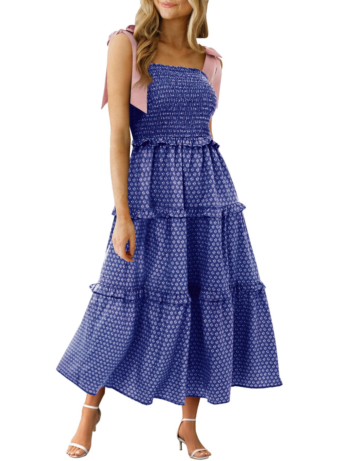 Wenrine Women Summer Floral Maxi Dress Smocked Boho Sleeveless Ruffle Dress