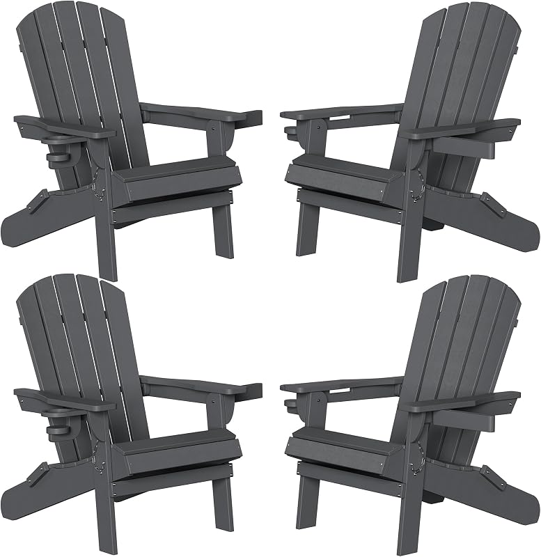Shintenchi Folding Adirondack Chairs Set of 4,HDPE All-Weather Patio Chairs with Cup Holder & Phone Holder,Wooden Textured Fire Pit Chairs for Patio,Outside,Deck,Backyard,Dark Grey