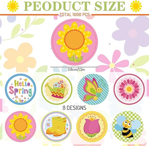 Miniatura 2 de Whaline Rollo de 1000 calcomanías florales de primavera, calcomanías redondas multicolor para niños, diseños de mariposas, abejas, flores, material