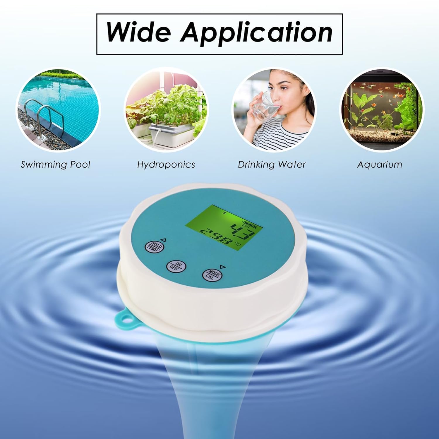 Testeur de qualité d'eau intelligent : Moniteur flottant Bluetooth 6-en-1 pour piscines, spas et cultures hydroponiques - mesure du pH, de l'EC, de l'ORP, du chlore, de la salinité et de la températur