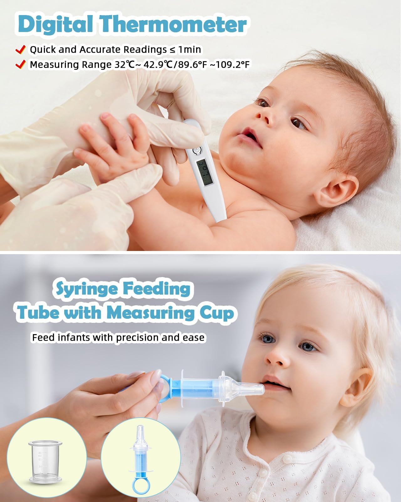 Lictin Set para Cuidado del Bebé-15 Piezas Kit de Aseo para Bebé con Cuchara de Oreja con LED Cepillo de Pelo y Peine,Cortador de Uñas Cepillo de Dientes de Dedo para Viaje y el Uso Diario (Azul lago)