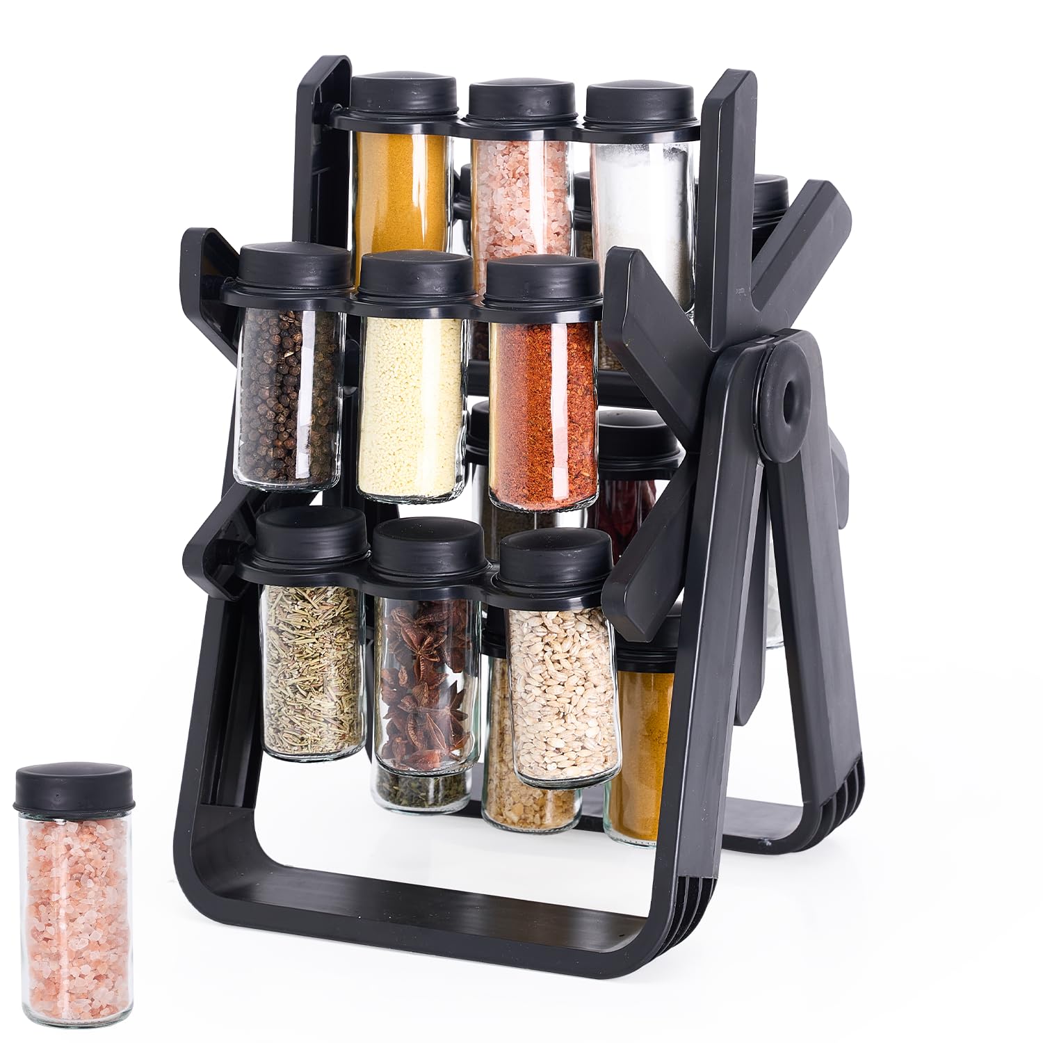 Calmchef Black Rotating Spice Rack Organiser With With 18 Glass Jars Revolving Spice Rack 360° Spice Holder - Rotating Spice Rack For Herbs & Spices
