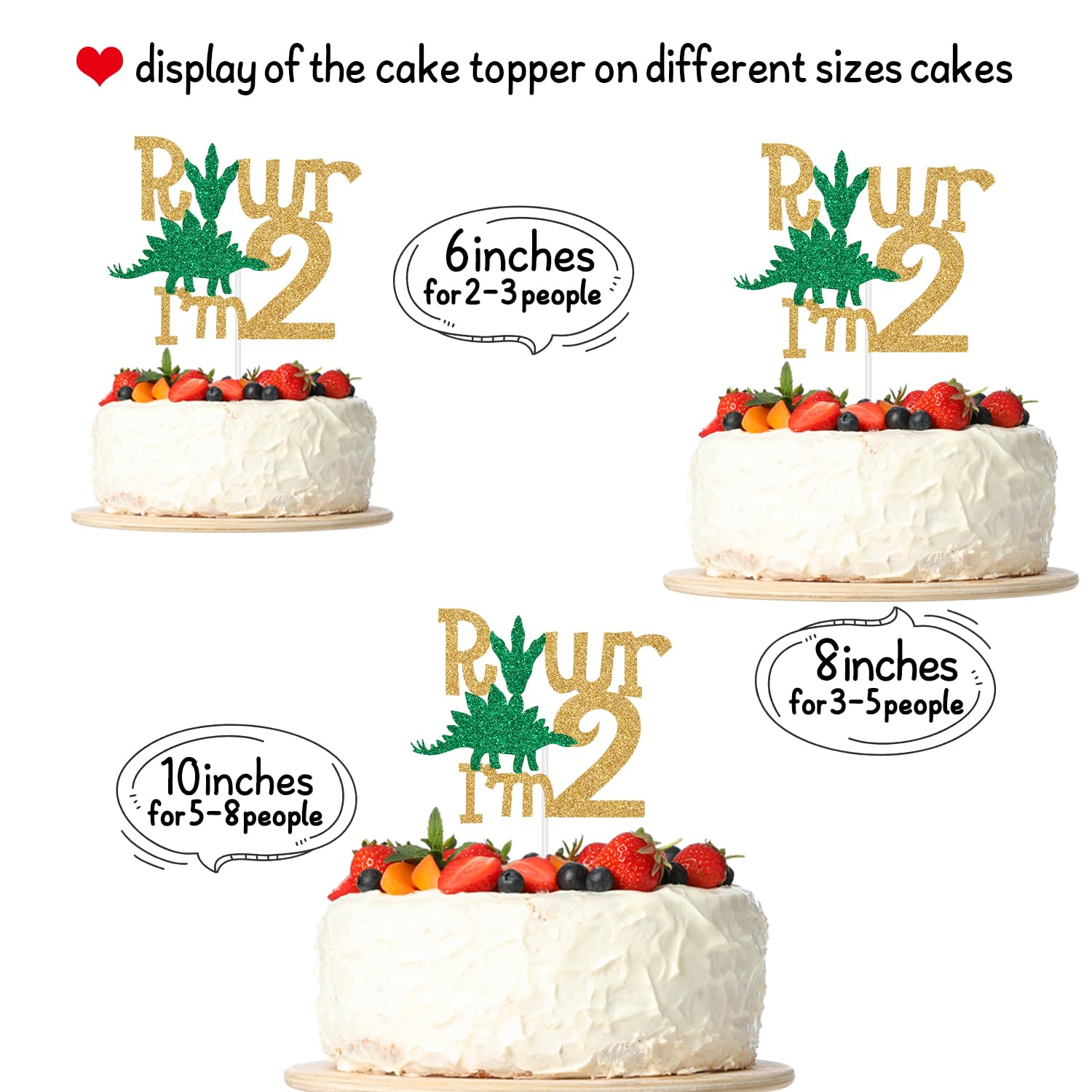 Dino „Rawr I'm 2“ Cake Topper - Grüner Glitzer Für 2. Geburtstag, Mit Holzstab