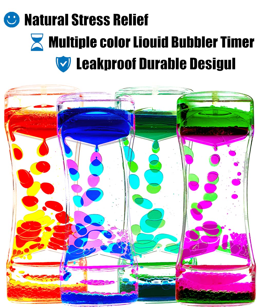 Liquid Motion Bubbler Timer Pack of 4 Colorful Hourglass Liquid Bubbler ADHD Fidget Toy Sensory Toys Anxiety Toys Autism Toys Children Activity Calm Relaxing Desk Toys for Kids Teenager Adults