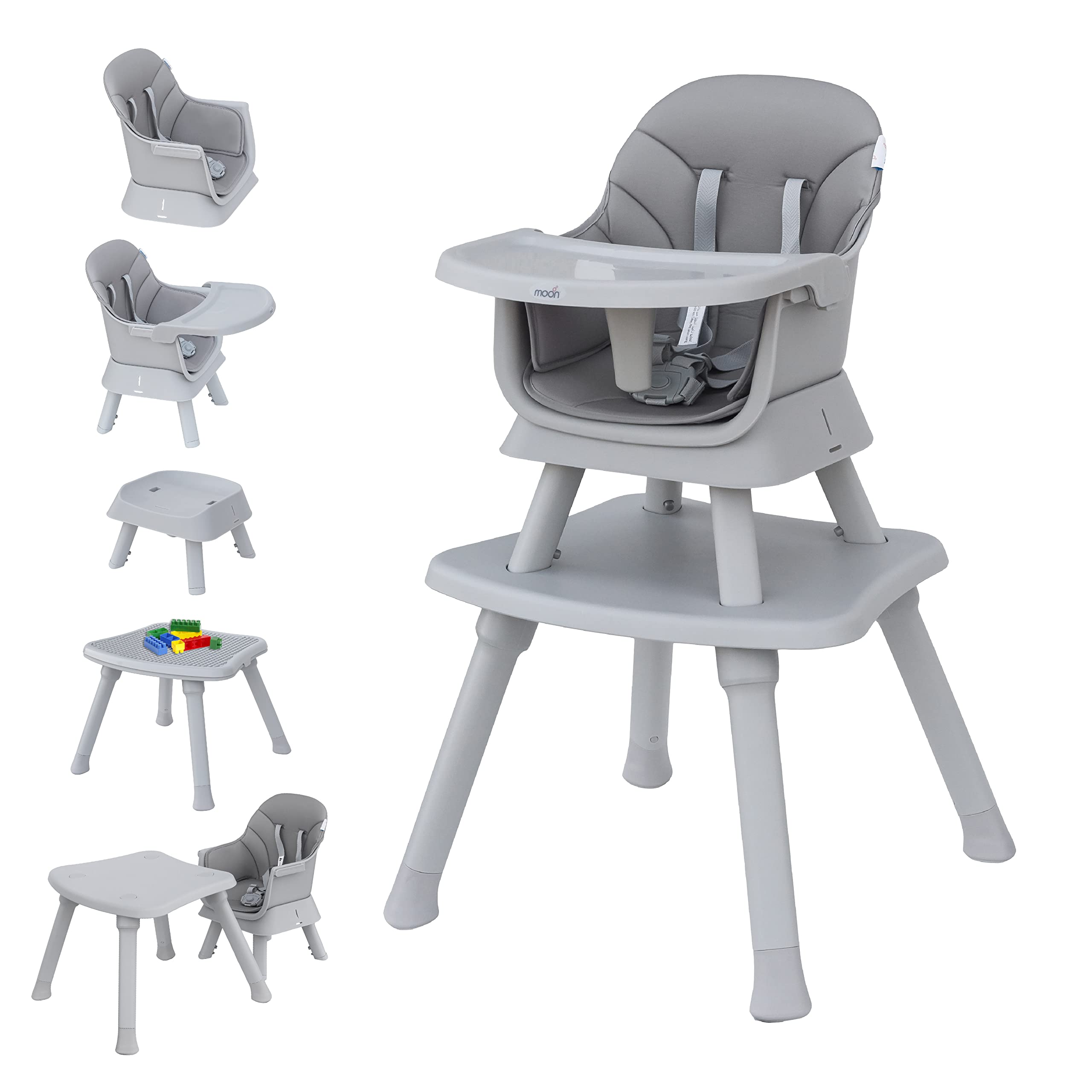 6 in 1 High Chair Converts To Dining Booster Seat, Stool, Small Dining Chair, Study Desk, Block Toy Table & More Baby Feeding Chair ,Toddler Chair, Removable Tray, 7 M To 10Yrs - Grey