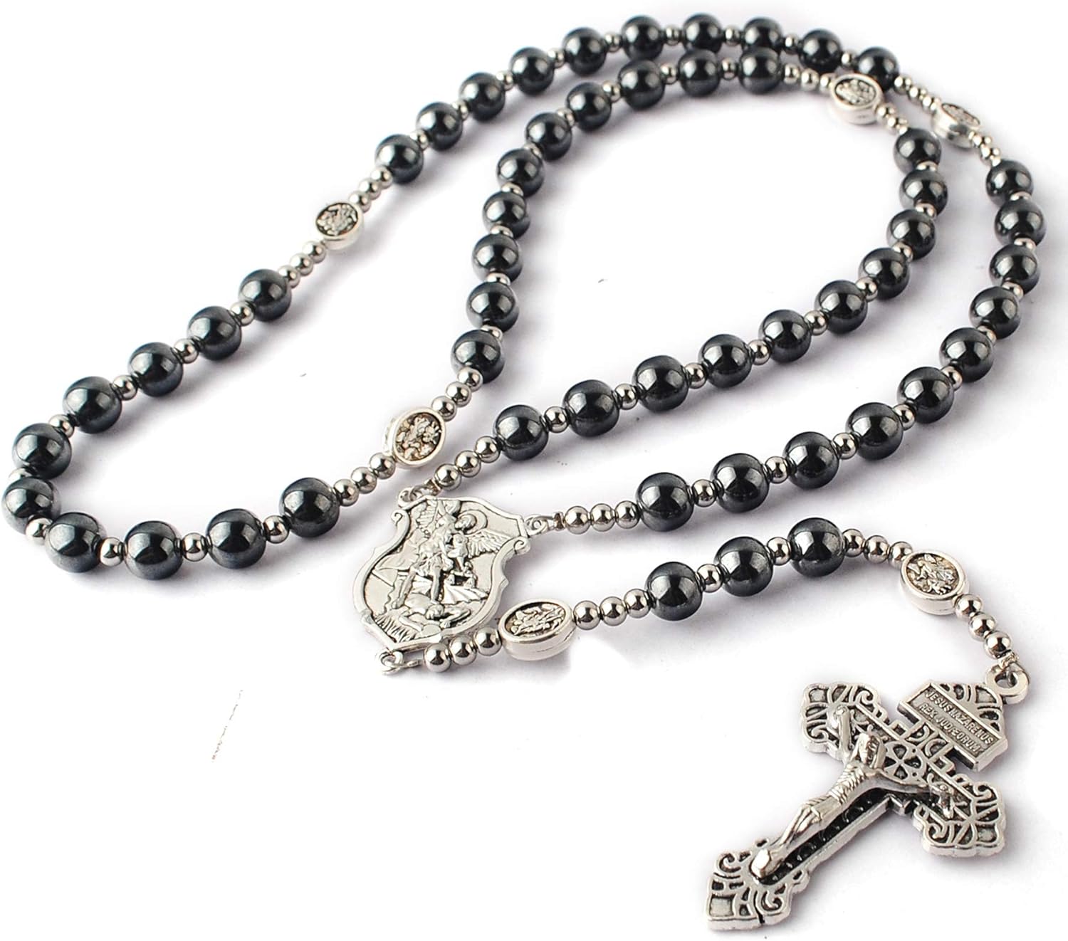 HanlinCC Hematite Rosary Necklace for Men and Women, Black Stone and Stainless Steel Beads, 48cm Length - Image 2