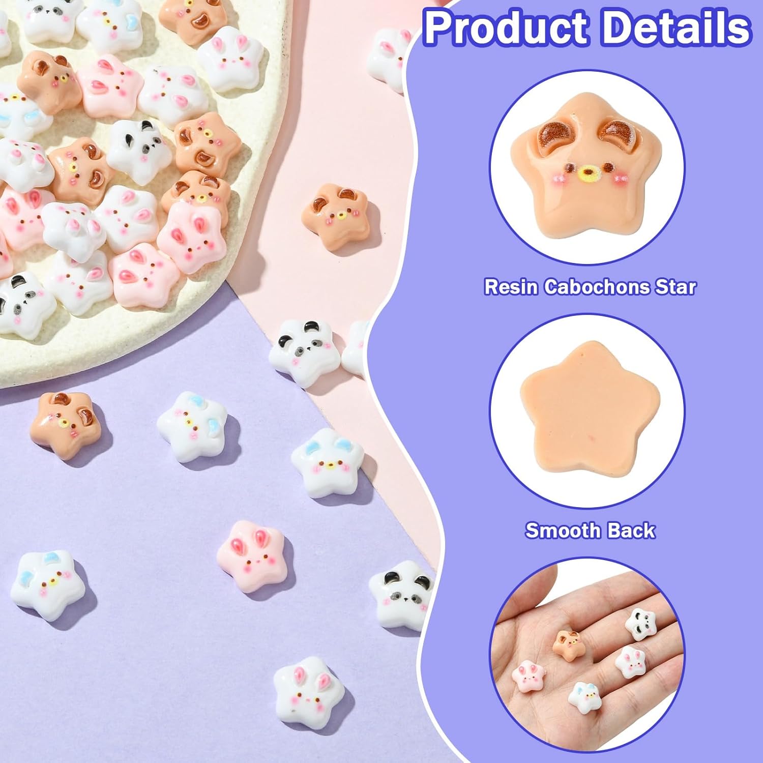 50 pcs 5 Colors Animal Star Theme Resin Cabochons Cute Celestial Rabbit Panda Cat Flatback Charms for DIY Jewelry Scrapbooking Embellishment Craft Phone Art Nails Decor