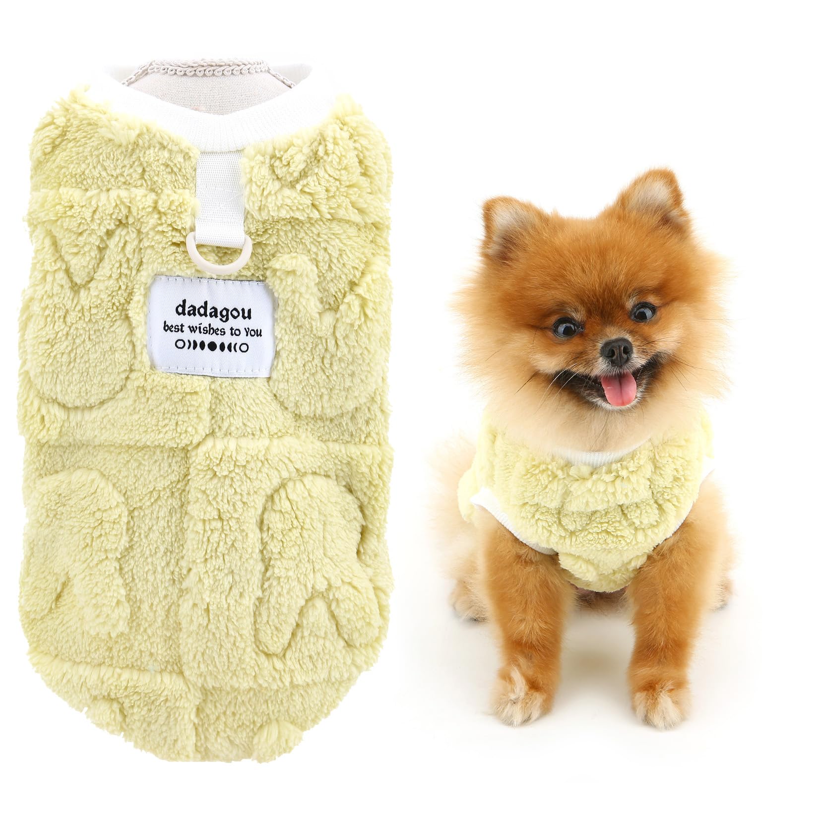 SMALLLEE_LUCKY_STORE Embossed Fleece Dog Jumper for Small Dog Solid Pet Sweatshirt with D-ring Puppy Pullover Warm Winter Autumn Vest Chihuahua Yorkie Clothes, Yellow, L