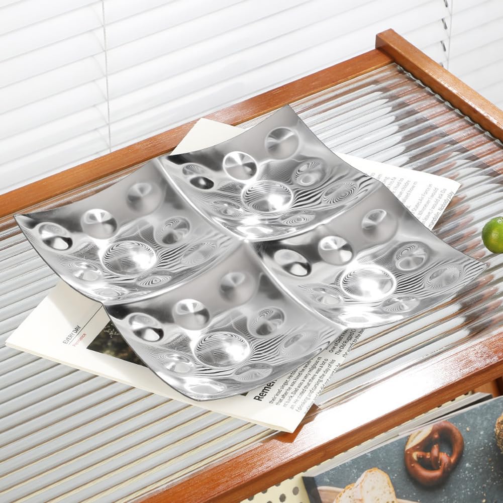 Bandeja de servir de acero inoxidable con 4 compartimentos para aperitivos, frutos secos, confitería para cuenco de plata resistente, fácil de limpiar, moderno para fiestas, reuniones en casa, diseño