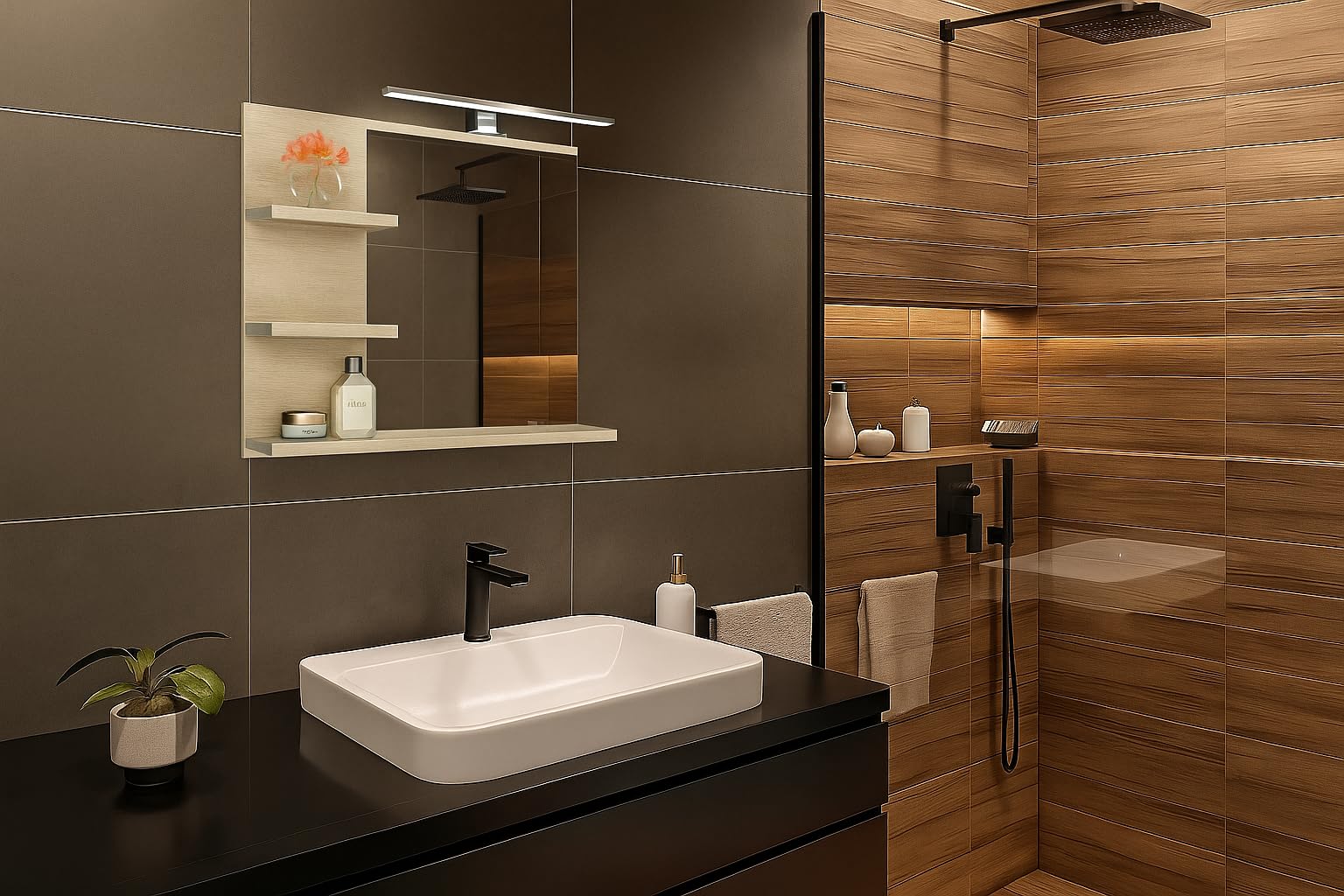 Specchio da bagno con 3 ripiani, sospeso, specchio per corridoio, camera da letto, bagno, Sonoma Oak 60X50 cm - LAMPADA LED - Sinistro
