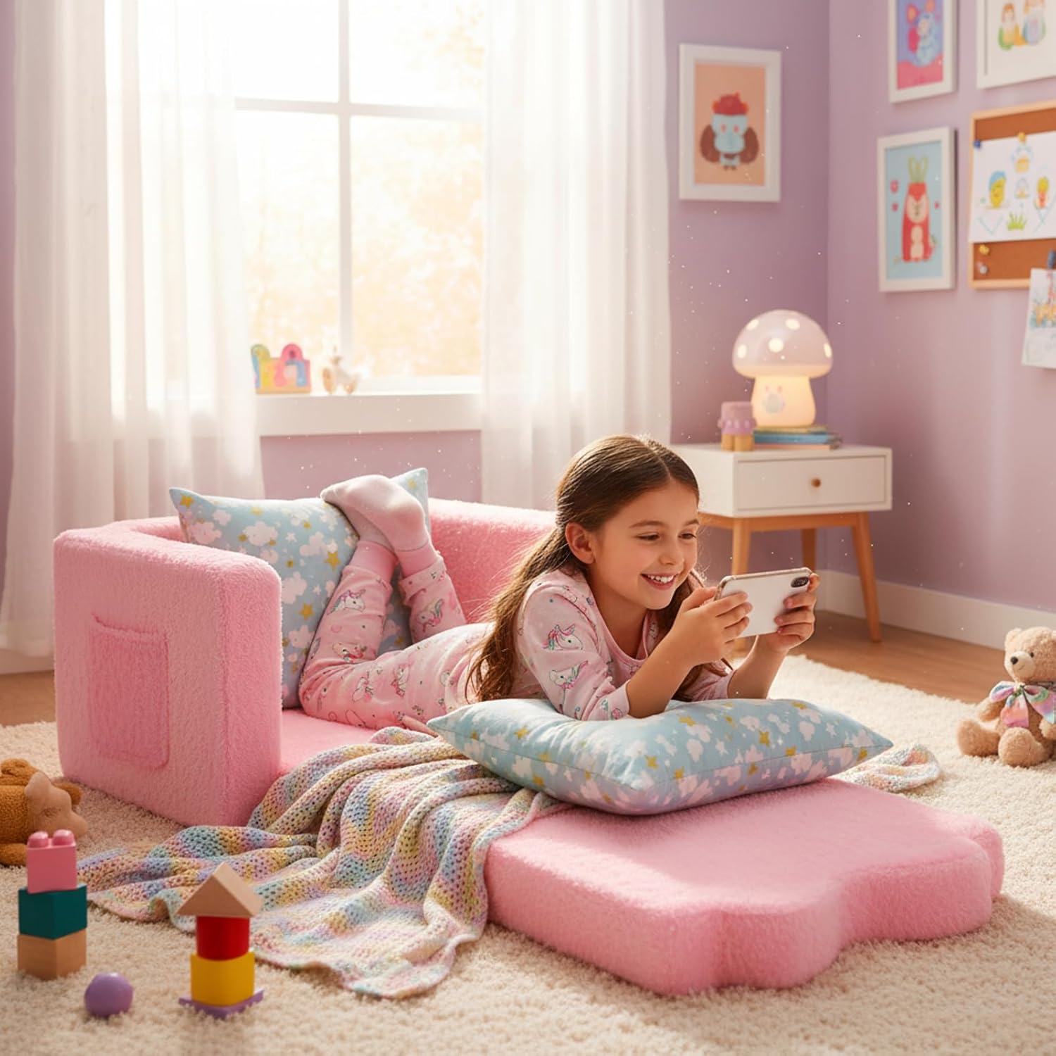 Novabright Kids Chair or Couch for Toddler, 2-in-1 Soft Foldable Couch, Comfy Toddler Chair, Convertible Sofa to Lounger, Gifts for Kids Girl Boys for Easter Birthday Children's Day (Bow)