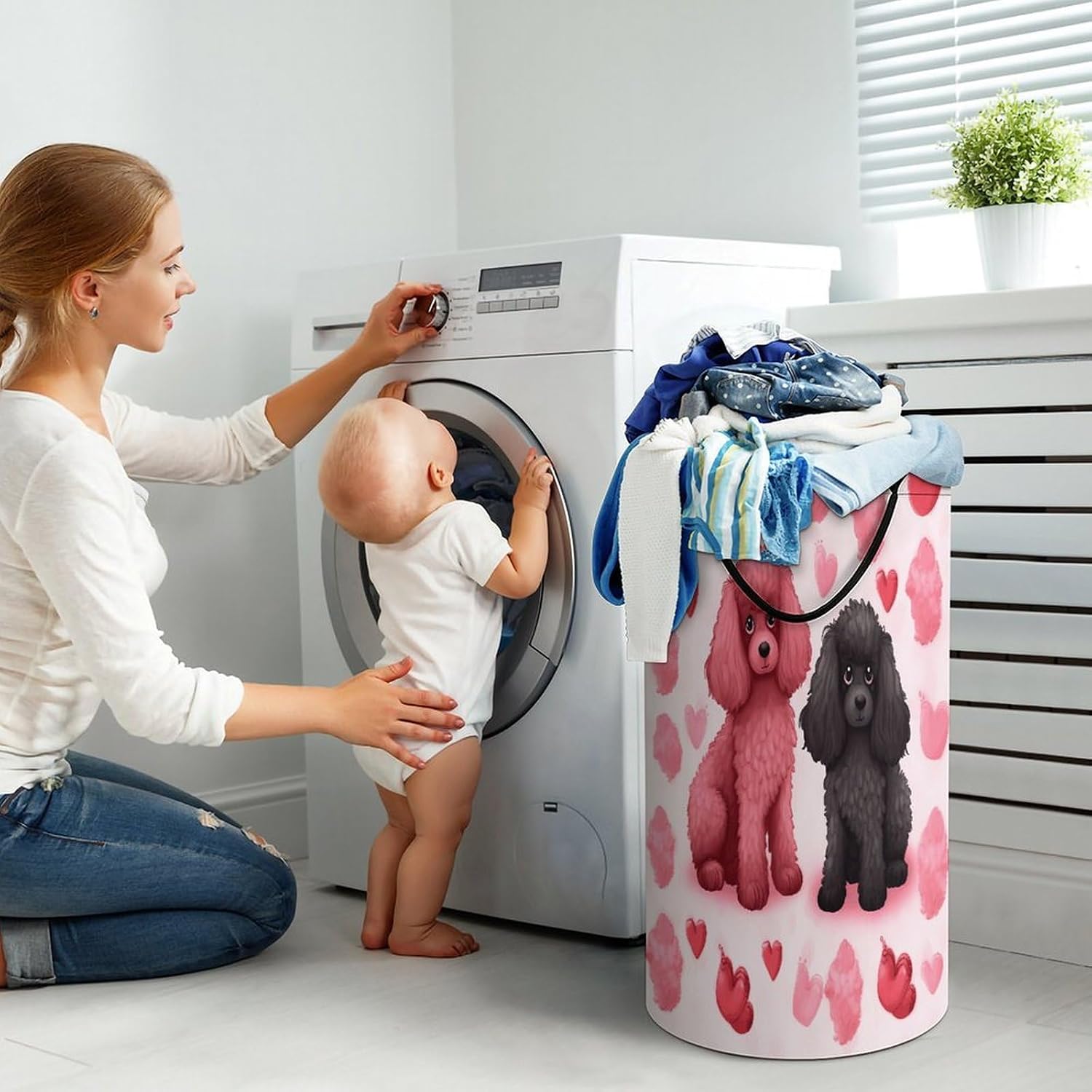 Large Laundry Basket Collapsible Dirty Clothes Basket with Carry Handles Portable Waterproof Freestanding Pink Poodles Dogs Laundry Hamper for Bathroom Bedroom Laundryroom Dorms 86L