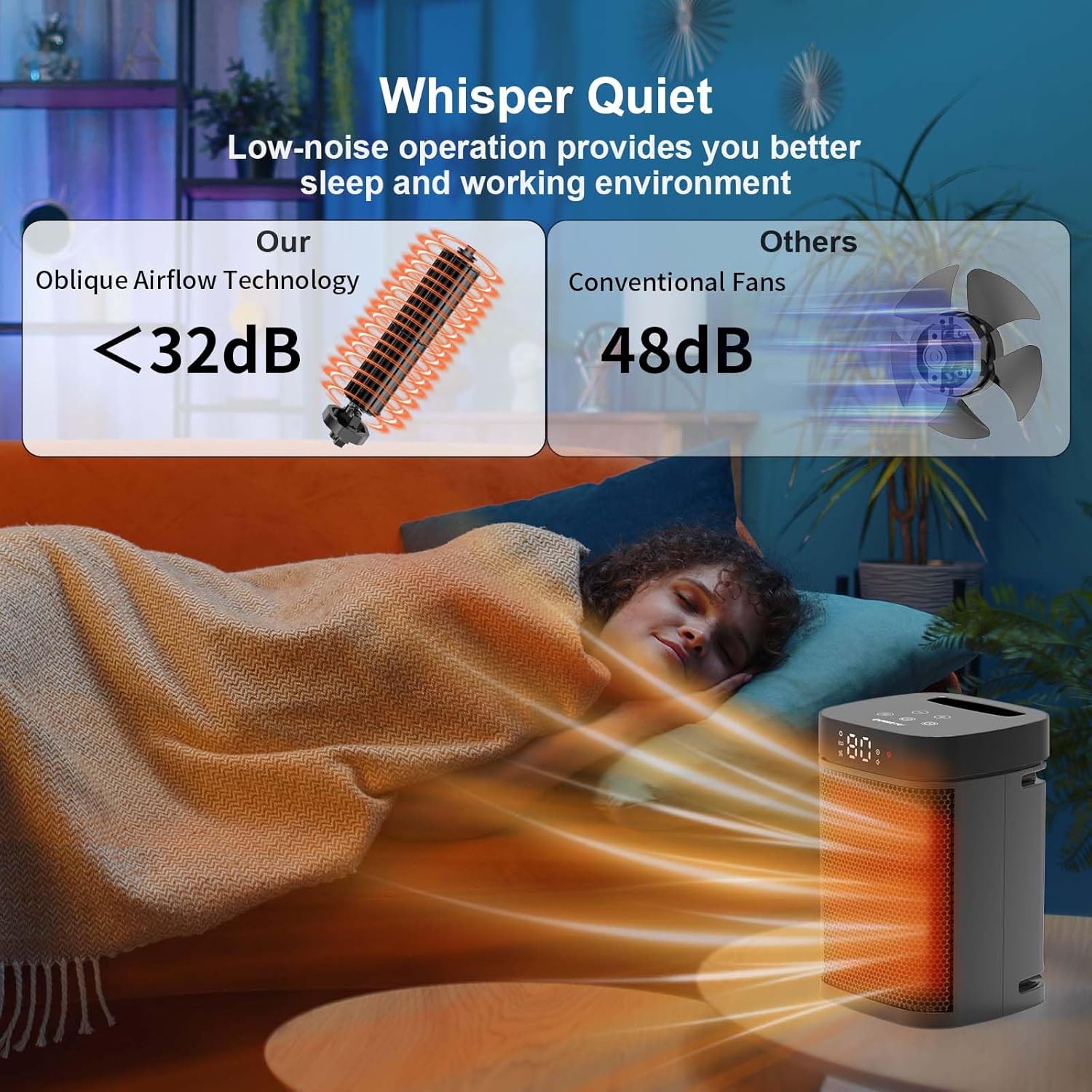 Small Portable Space Heater for Indoor Use - QOWETU 1500W PTC Electric Heater with Thermostat, Remote Control, 12H Timer, Eco and Fan Mode, Rapid and Safe Heating for Bedroom, Office