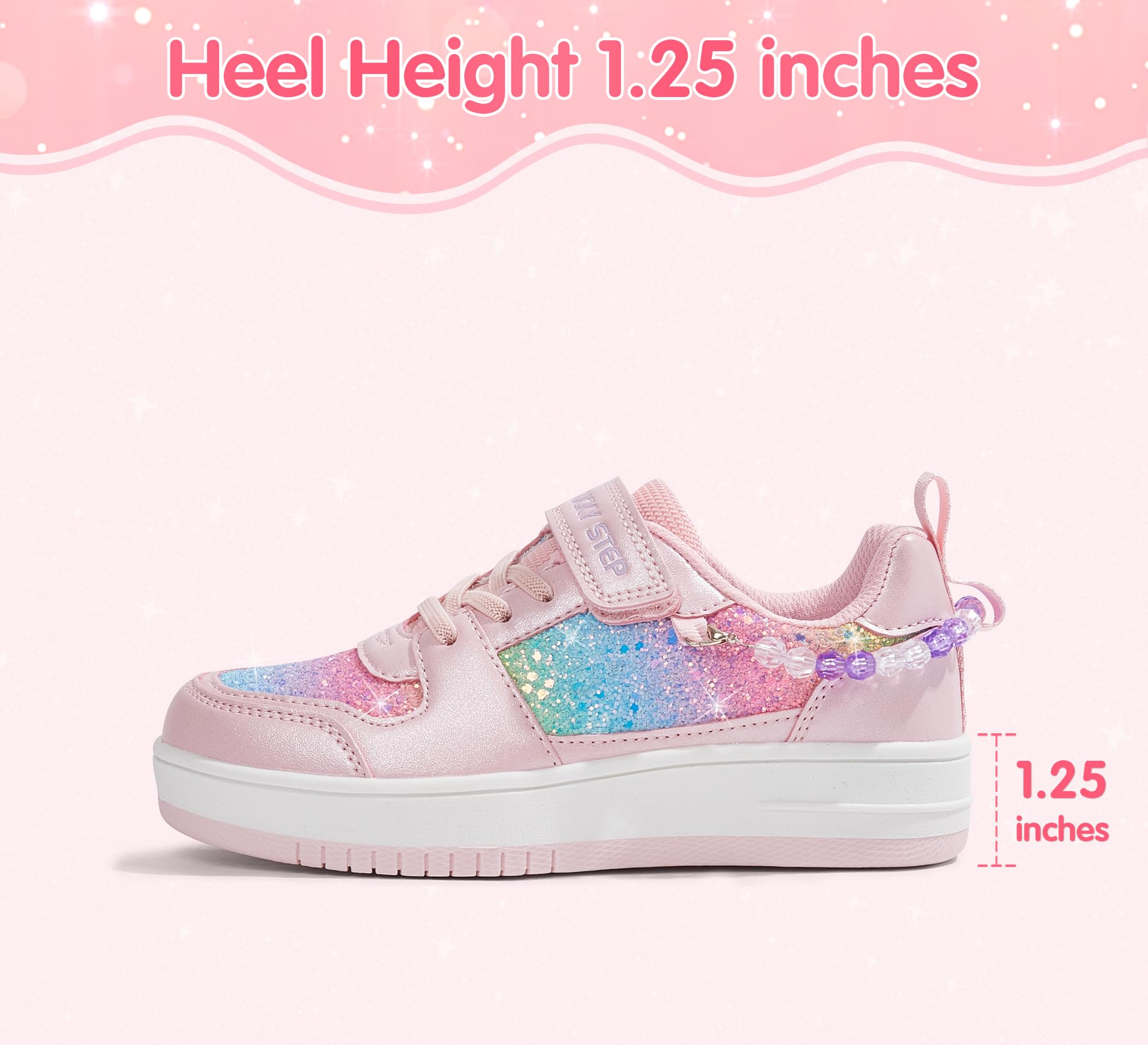 LUCKY STEP Zapatillas Brillantes para Niñas con Cierre Autoadhesivo y Cuentas, Deportivas para Escuela/Fiestas, Zapatos Deportivos con Purpurina para Niñas/Niños