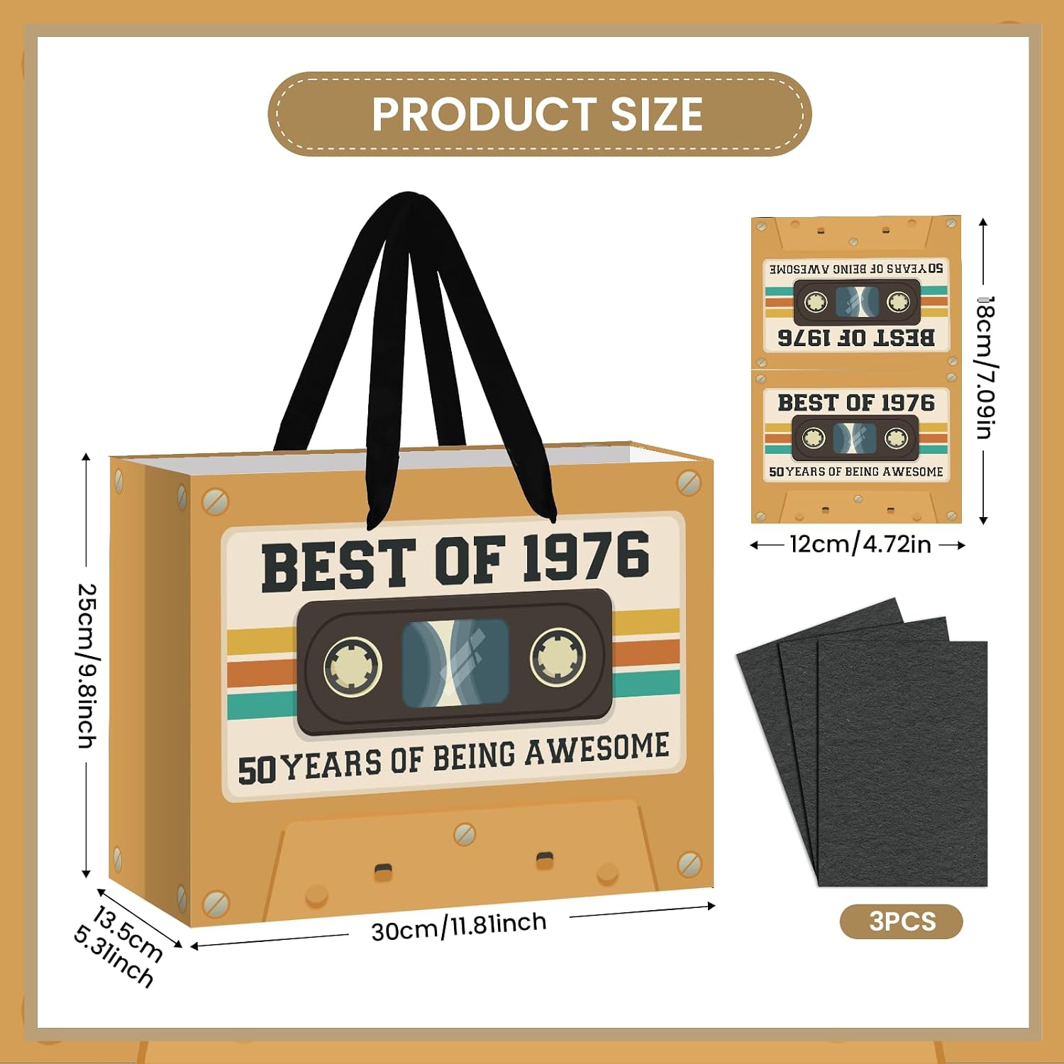 50th Birthday Gift Bag for Men Women Retro Tape 1976 Birthday Party Favor Bags with Tissue Paper and Card Brown Vintage Cassette 50 Years Old Gift Wrapping Bag Decorations for Mom Dad Friends Gifts image 2