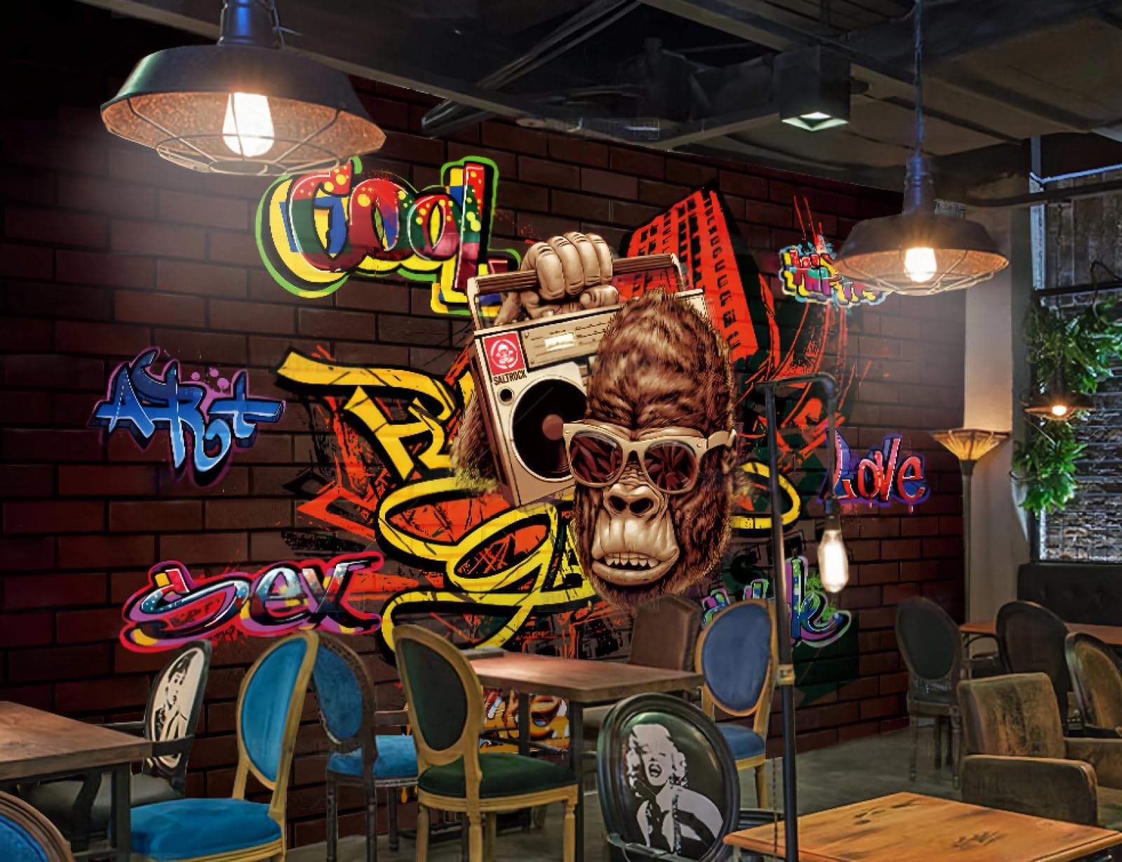 Carta da parati alla moda con tema musicale graffiti hip-hop per bar e ristoranti, 3D, 250x175 cm