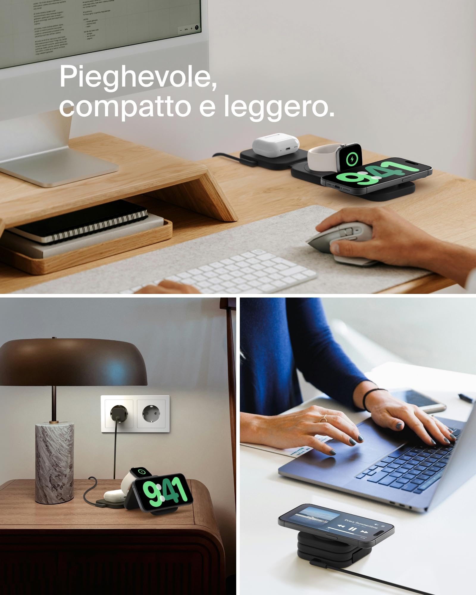 Belkin BoostCharge Pro Caricabatteria Wireless pieghevole da viaggio 3 in 1 con Qi2, 15W, tappetino di ricarica wireless MagSafe per iPhone 17, Air, Pixelsnap, Apple Watch e AirPods