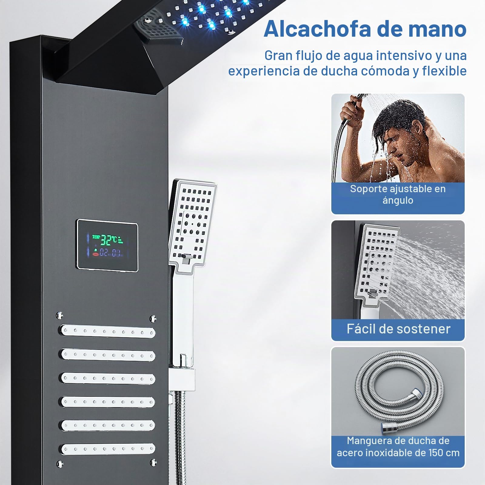 Panel de Ducha Negro LED Panel de Hidromasaje en Acero Inoxidable Con Ducha de Mano y Manguera de Baño Panel de Ducha Grifería Efecto Lluvia Masaje Set