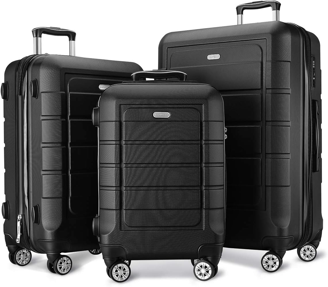 SHOWKOO Luggage Sets Expandable PC+ABS Durable Suitcase Double Wheels TSA Lock Black 3pcs