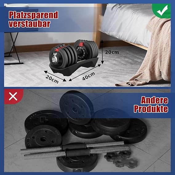 DH FitLife Verstellbare Kurzhantel 18/24 kg 12 Gewichtsstufen 12 in 1 Hantel Einzelhantel oder Hantelset Adjustable Dumbbell für Krafttraining zuhause
