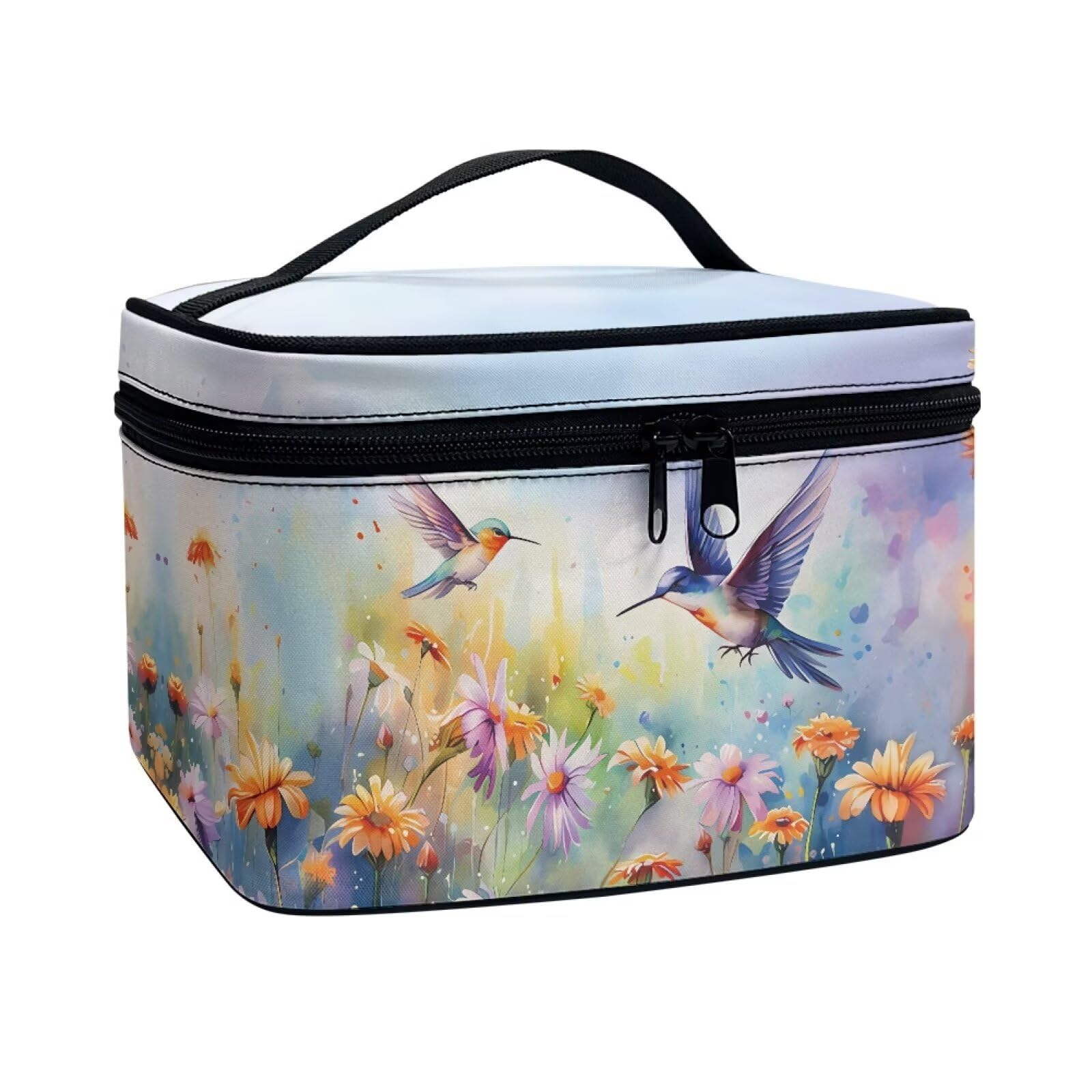 Drydeepin Hummingbird Vibrant Floral Pattern Travel Makeup Bag for Women Large Capacity Cosmetic Bag with Zipper and Handle Portable Toiletry Bag Make