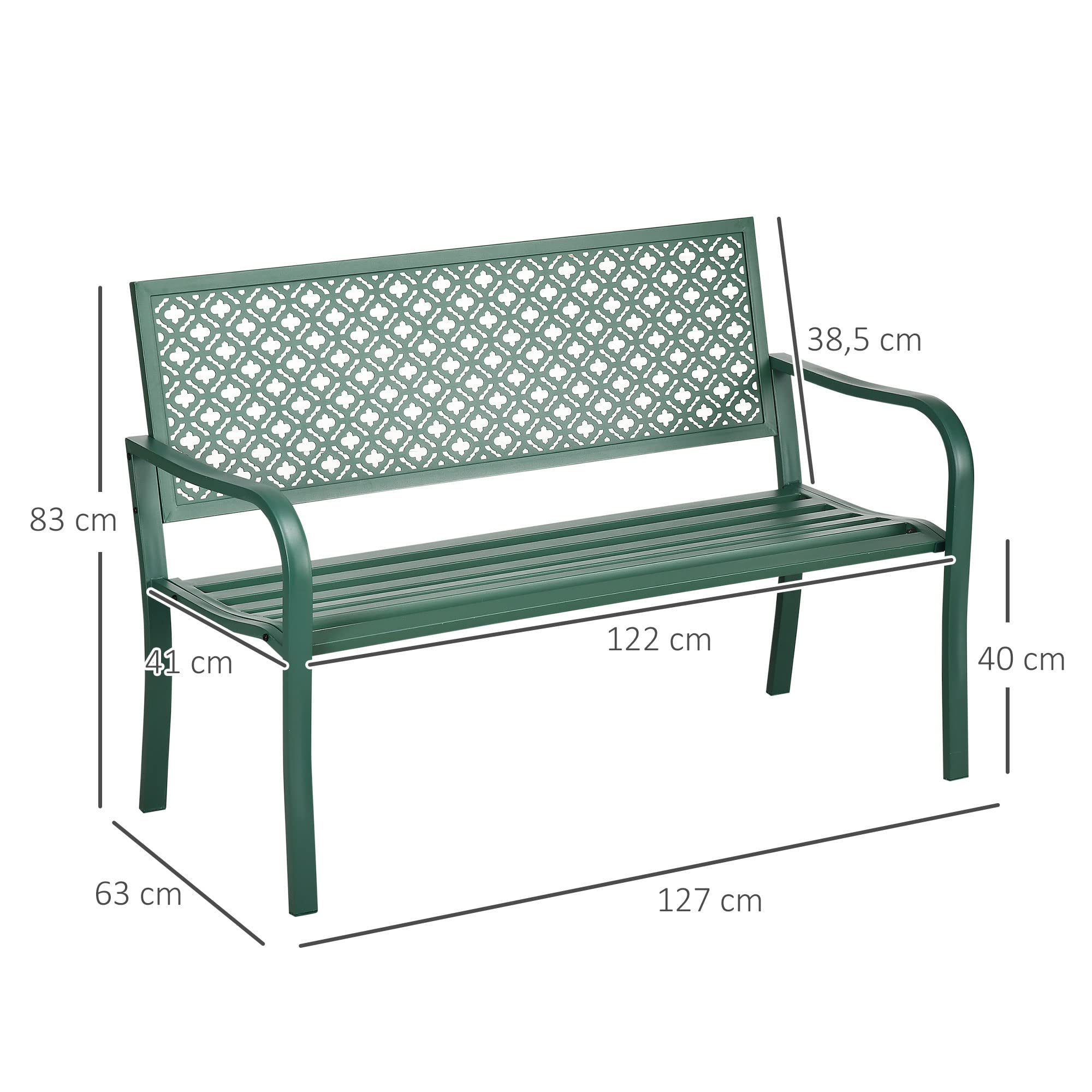 Outsunny Banc de Jardin, Banc extérieur Jardin en Acier, avec Dossier à Motif Floral, accoudoirs, pour 2 Personnes, pour Jardin, Balcon, Charge Max. 240 kg, Vert foncé